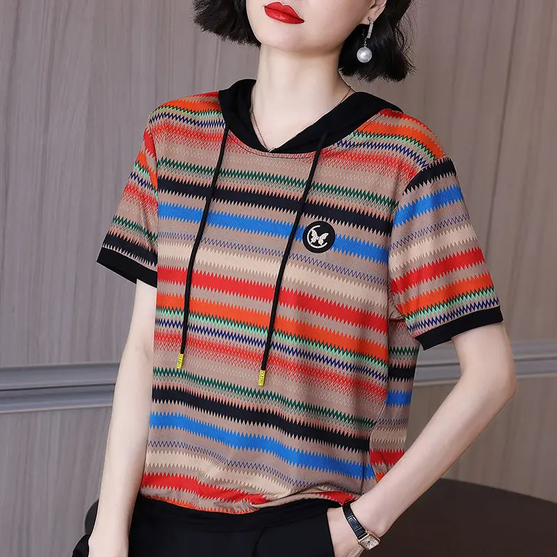 Mother summer short-sleeved T-shirt female striped hooded top 2023 new middle-aged casual large size half sleeve cap t shirt