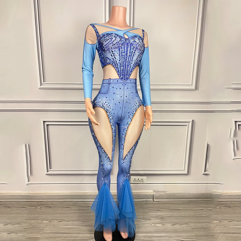 2024 Nightclub Bar Women'S Full Diamond Fake Leaky Flesh Denim Printed Yarn Jumpsuit Pink Blue One-Pieces Stage Costumes DN18107