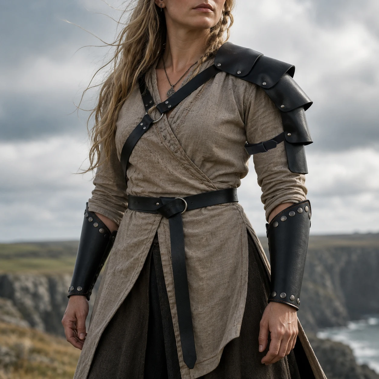 4PCS Medieval Warrior Costume Accessories for Women, Black PU Shoulder Armor, Waist Belt & Pair of Rivet Bracers, Viking Ranger