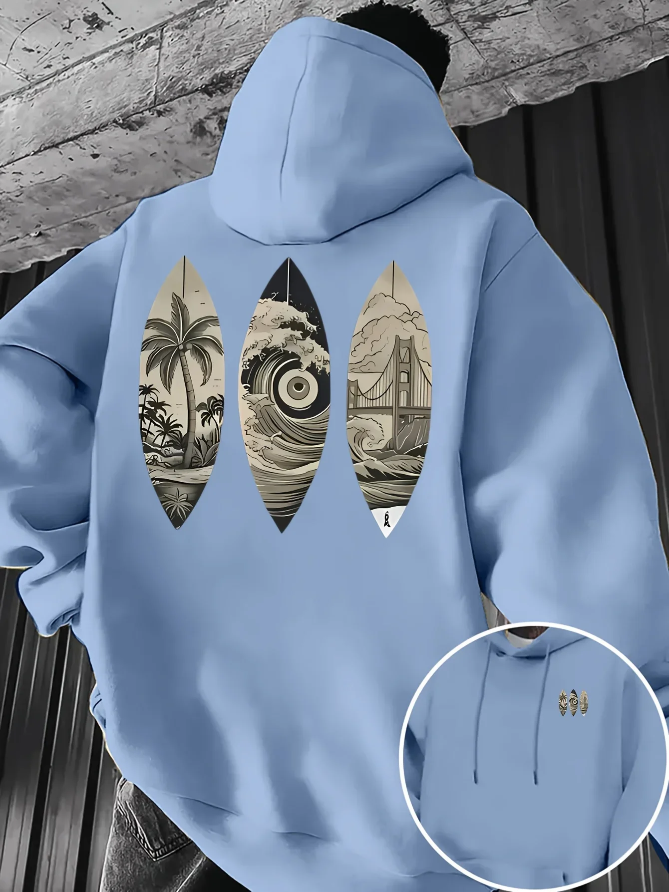 2026Men Hoodie Beach Sunset Camping Car PalmTree Graphic Sweatshirt Retro Beach Life Surf Pattern Back Print Pullover Streetwear