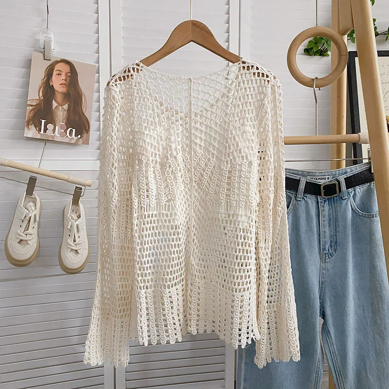 Boring Honey Round Collar Women's Clothes For Summer Hollow Out Long Sleeves Women's T-Shirt Be All-Match Solid Colors Tops