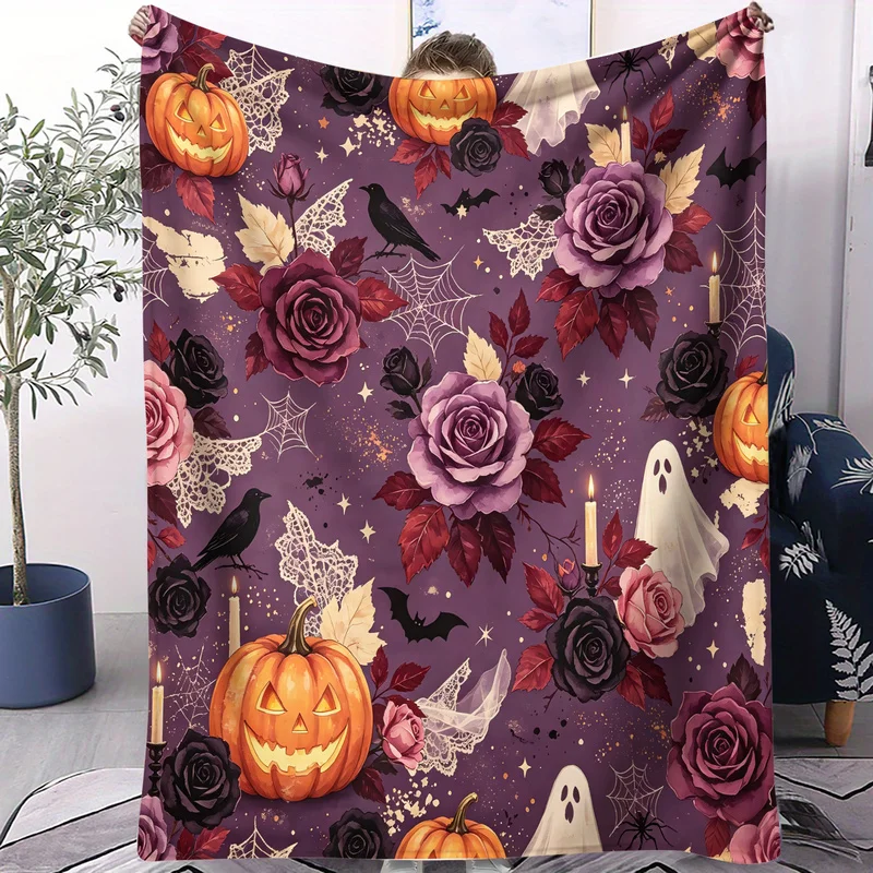 Halloween Microfiber Throw Blanket,Ultra-Soft,Durable,Breathable,Skin-Friendly,Ideal Gift,Shadow Castle Gate Pumpkins Print