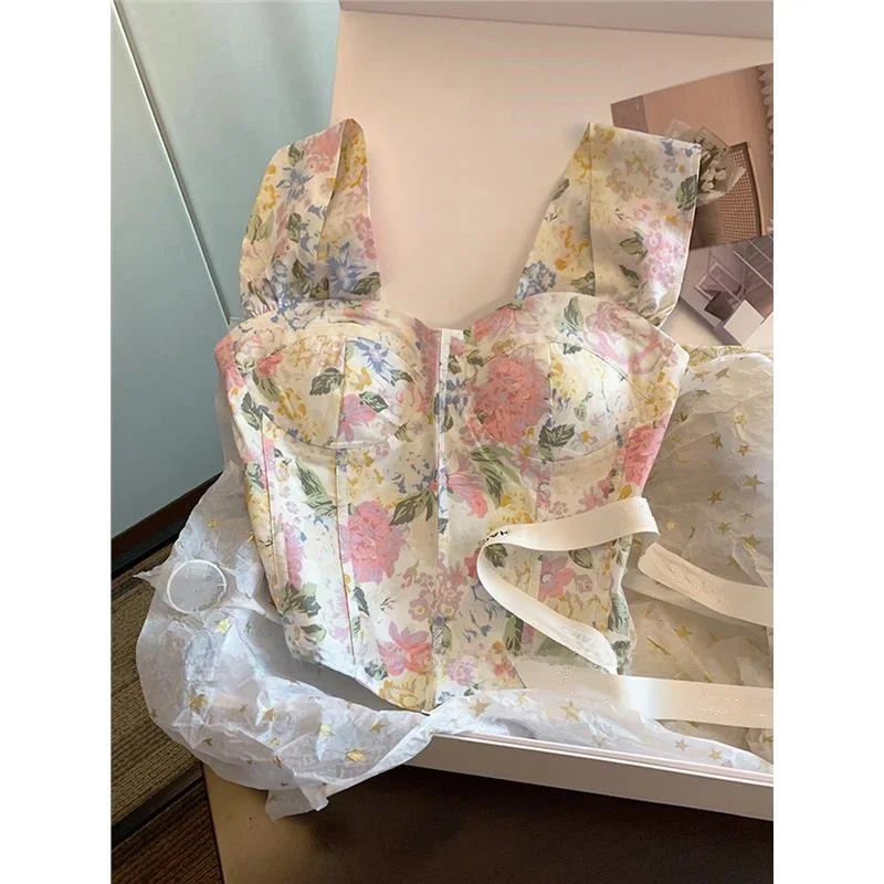 

Summer Slimming Floral Crop Top Women's Strapl Vest Spicy Girl Cut Label Trendy Sweet And Spicy ort Svel Blouse
