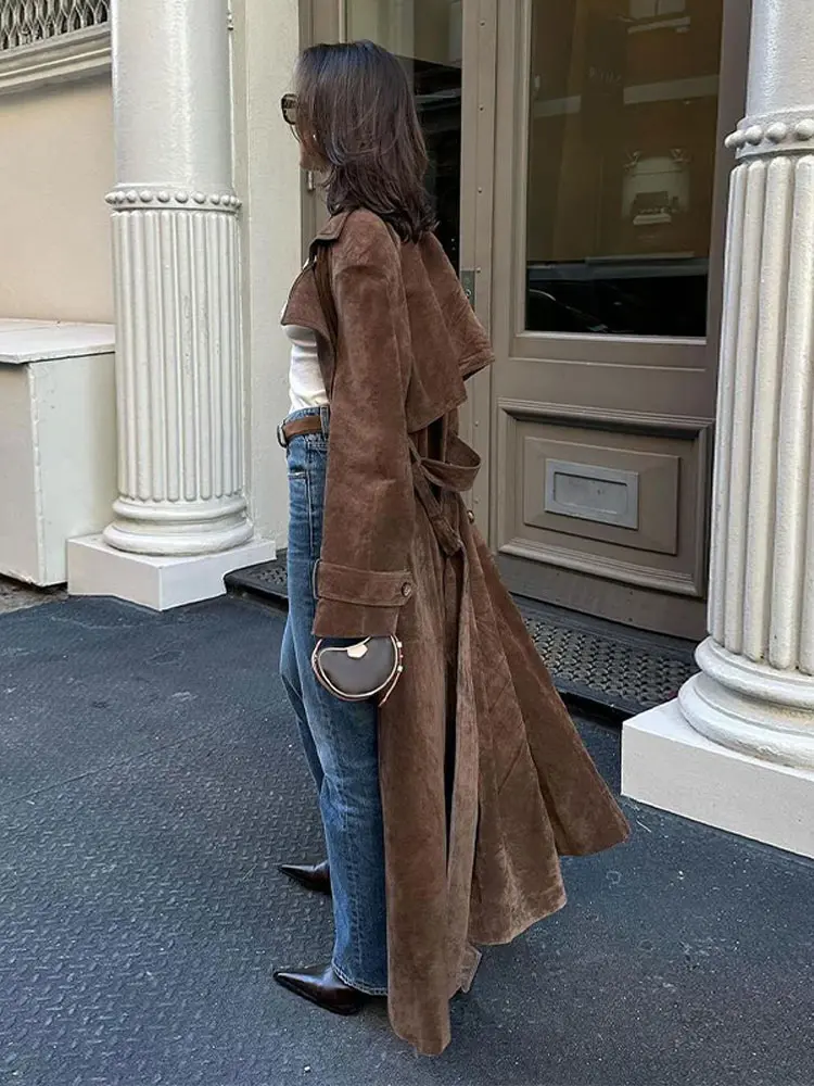 Women Khaki Faux Leather Long Coat With Belt Fashion Double-breasted Lapel Oversized Jacket Autumn Female High Street Outwear