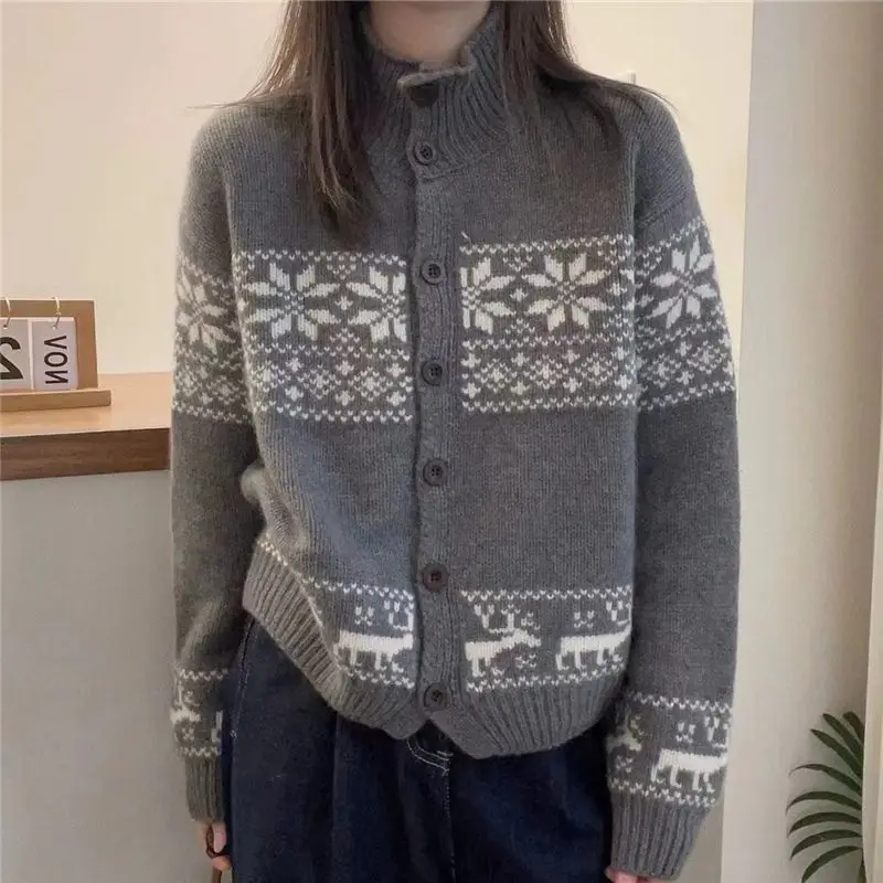 Indie Folk Vintage Knitting Cardigan Women Autumn Winter Mock Neck Loose Sweater Coat Fashion All-match Trend Knitwear Tops