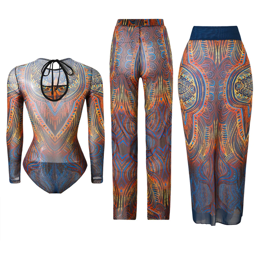 S - XXL 3-teiliges Set, neues, bedrucktes, langärmeliges Badeanzug-Set mit Hose, Sarong, Damen-Badebekleidung, einteiliger Badeanzug, Damen-Badeanzug, Badeanzug V7180 – Detail 14