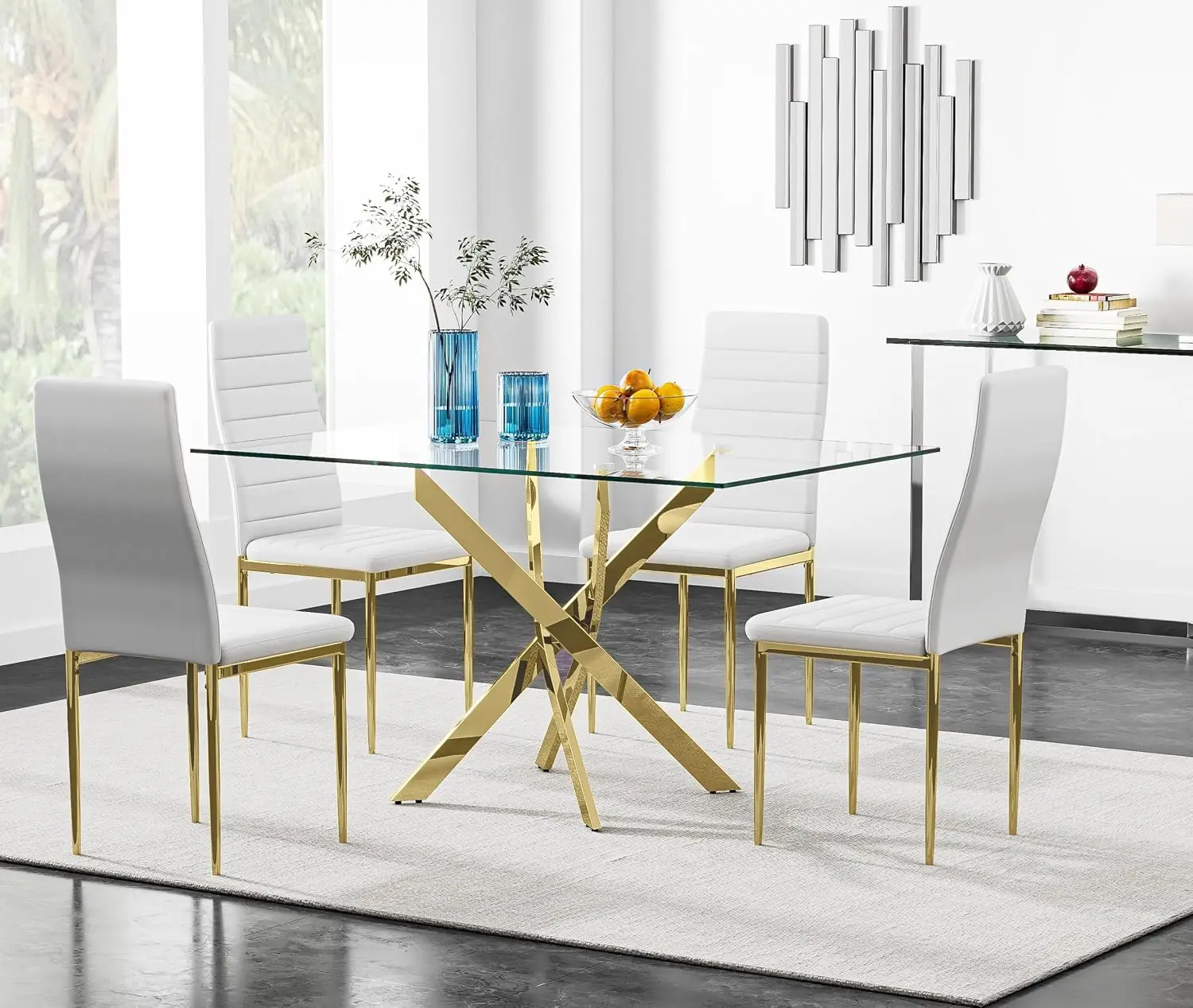 5 Piece Glass Dining Table Set for 4 Tempered Glass Kitchen Table with 4 Upholstered Chairs Dining Room Gold Leg, Customized