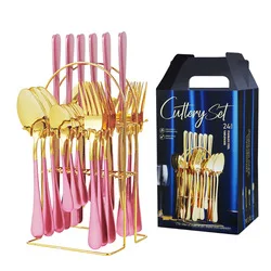 24Pcs Stainless Steel Dinnerware Set Knife Fork Spoon Tableware Flatware Set Festival Kitchen Dinnerware Gift Golden Cutlery Set view 4