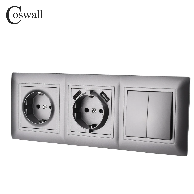 COSWALL H Series Grey Plastic Panel Wall Rocker Switch EU Schuko Socket USB Type-A & C Charger Internet Satellite TV Module DIY