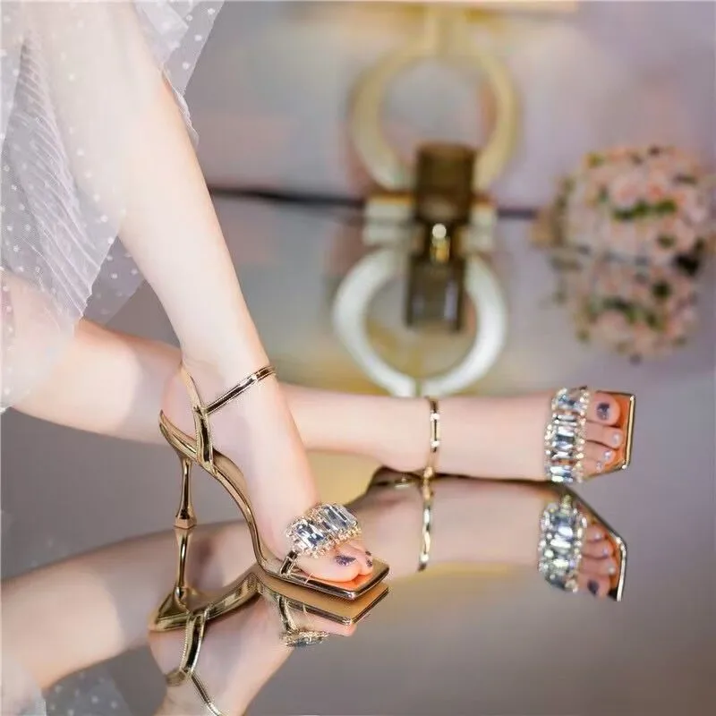 One-piece Stiletto Gold Square-toe Sandal for Women, Sheer and Sexy, High Heel, Summer New Style image 3
