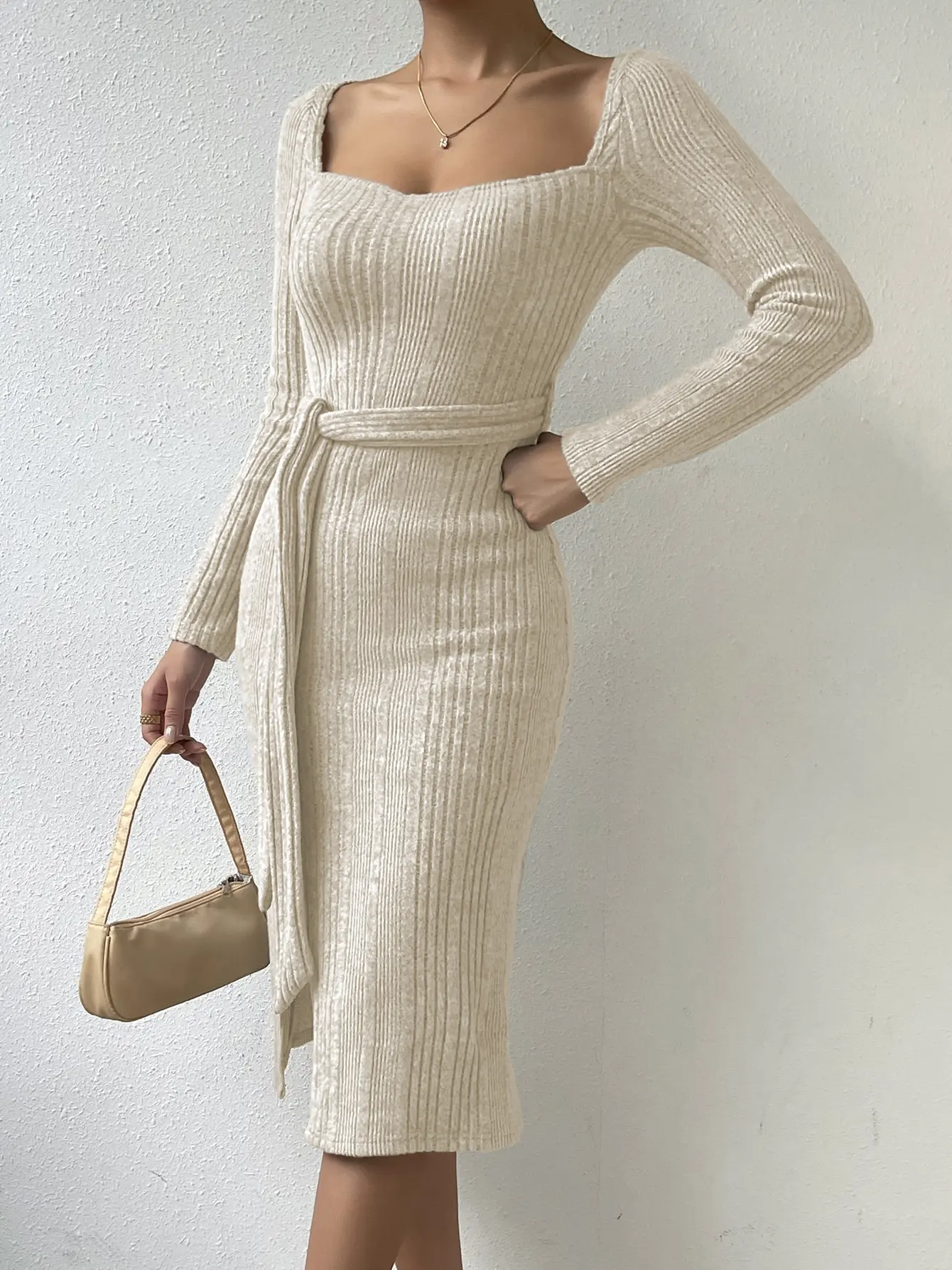 2024 New Women\'s Dress - Women\'s Autumn and Winter Loose, High end, Age Reducing, Elegant, Apricot Grey Square Neck Bottom Dress