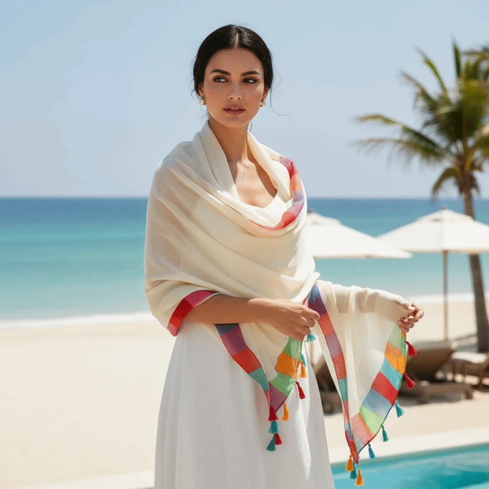 Fringe Pashmina Rainbow-Border Linen Scarf Color-Block Lightweight Beach Wrap Oversized Breathable Sunscreen Sarong Fashionistas