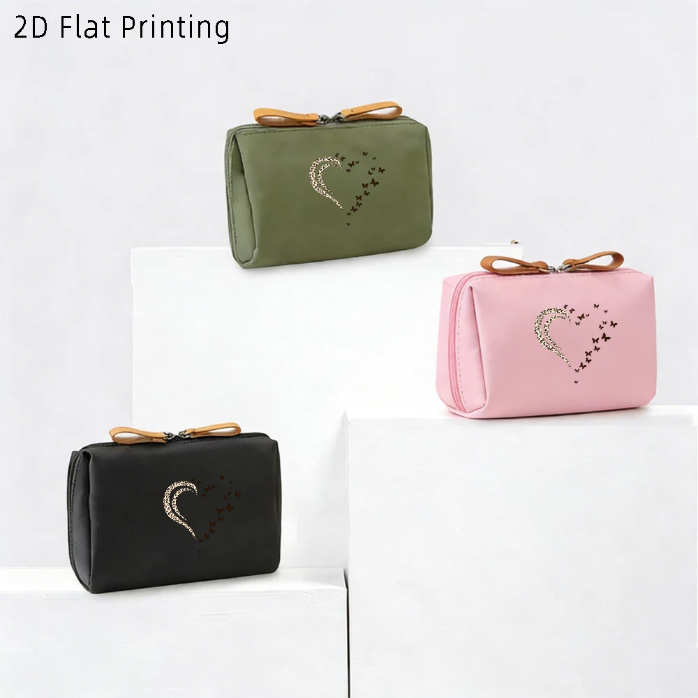1PC Heart Butterfly Print Makeup Bag, PU Leather Zipper Portable Large Capacity Cosmetic Pouch, Simple Commute Style Travel Toil