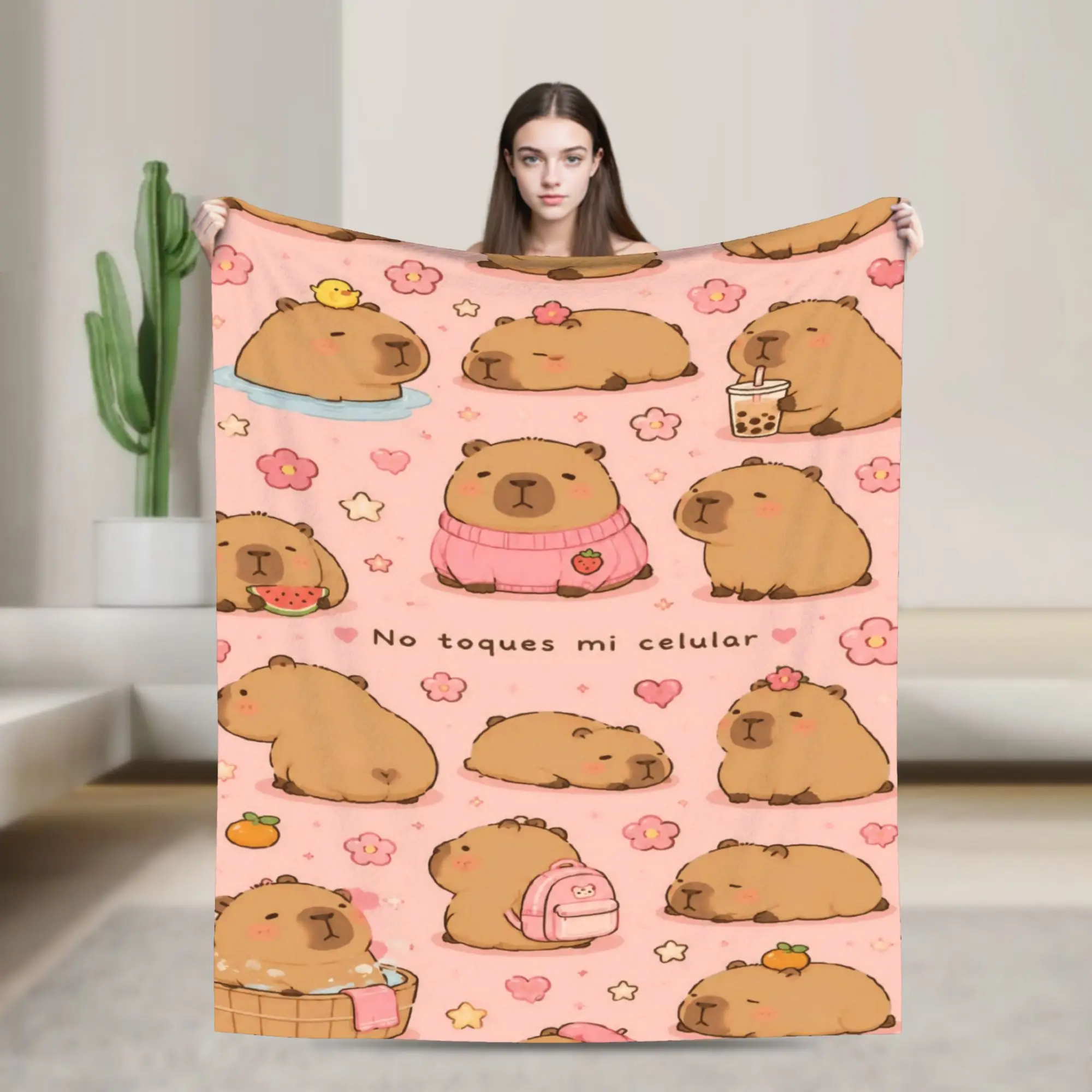 Capybara Flannel Blanket  Warm Soft Throw Blanket for Bedroom Travel Office Novelty Bedspread Sofa Bed Cover