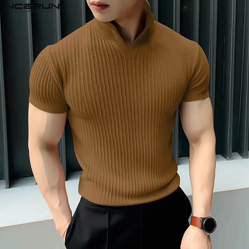 Handsome Well Fitting Tops INCERUN Handsome Men Solid Stand Neck Knitted T-shirt Casual Simple Male Short Sleeved Camiseta S-5XL