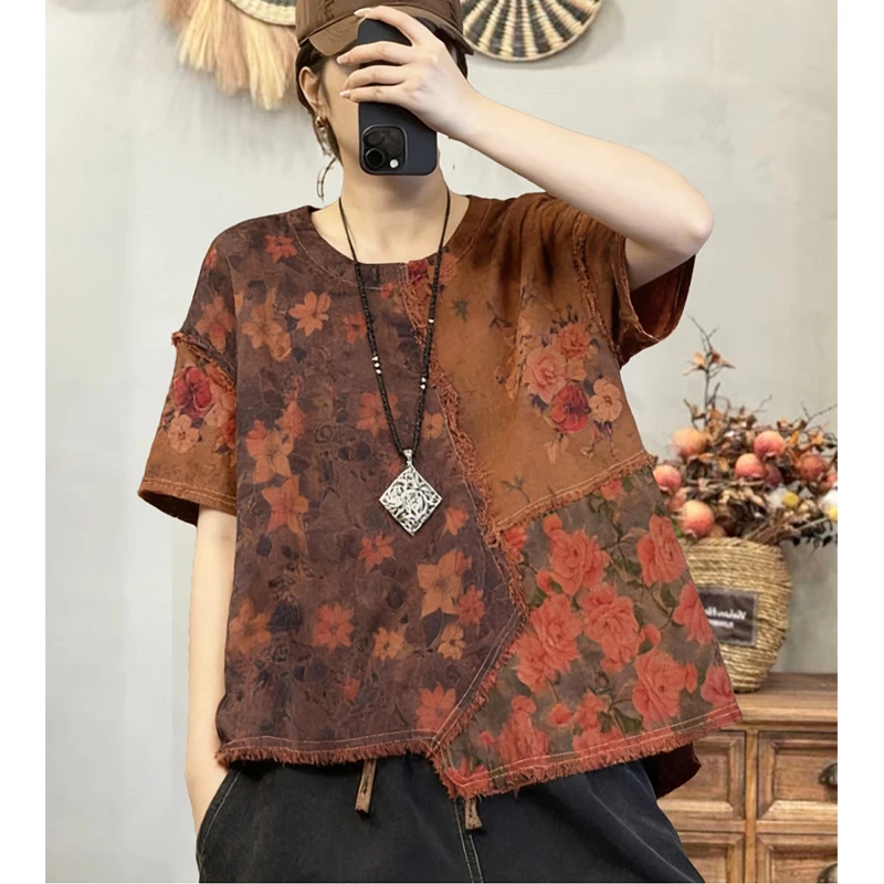 Masss Wasss Summer Fashion Loose Patchwork Tops Ladies British Vintage Floral T-Shirts Womens 2026 Classic Luxury O Neck Clothes
