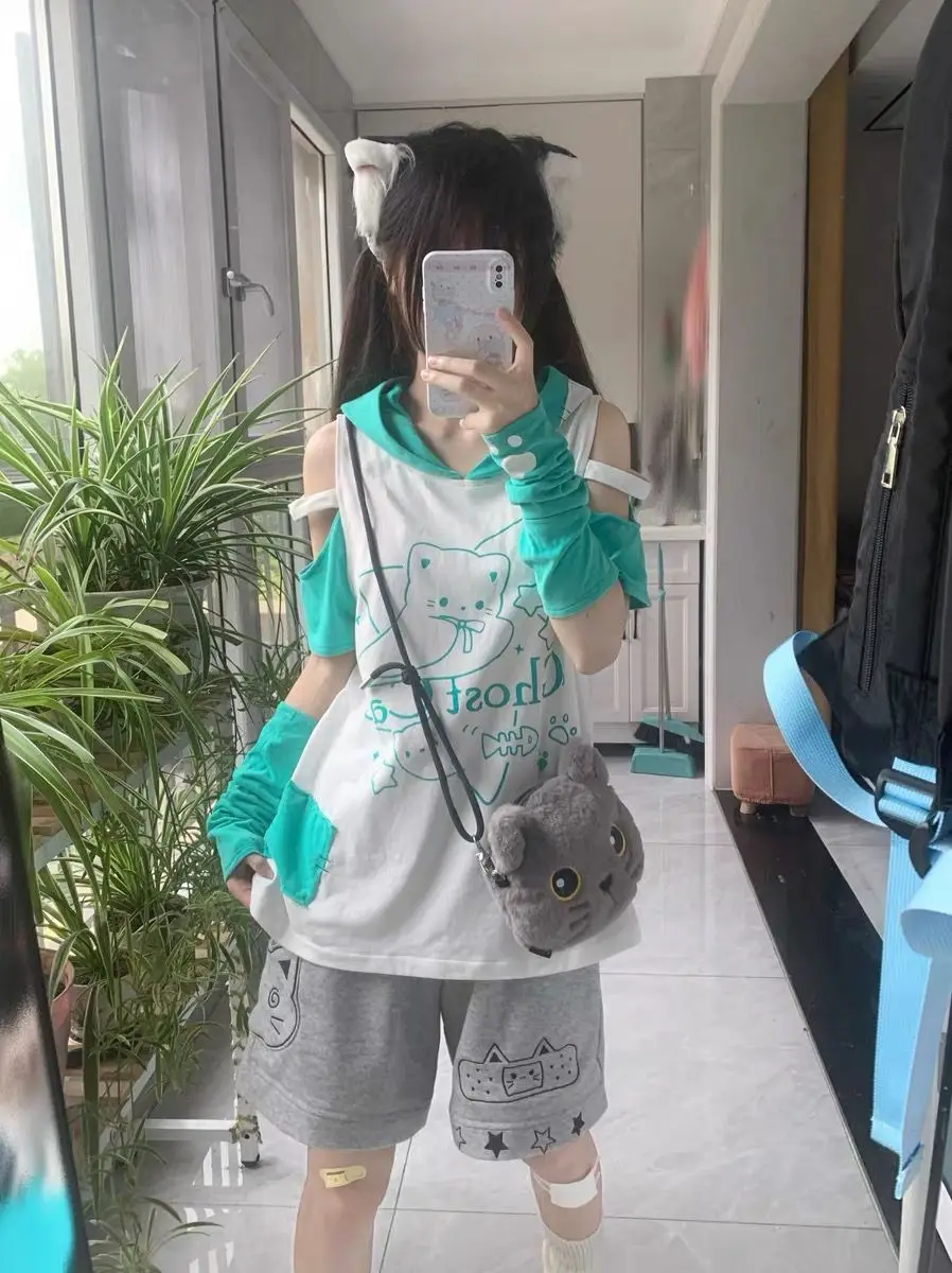 Kawaii Anime Cat Y2k Shorts Women Wide Leg Shorts Summer Elastic Waist Short Pant Cuteore Clothing Girl Student Lounge Pants