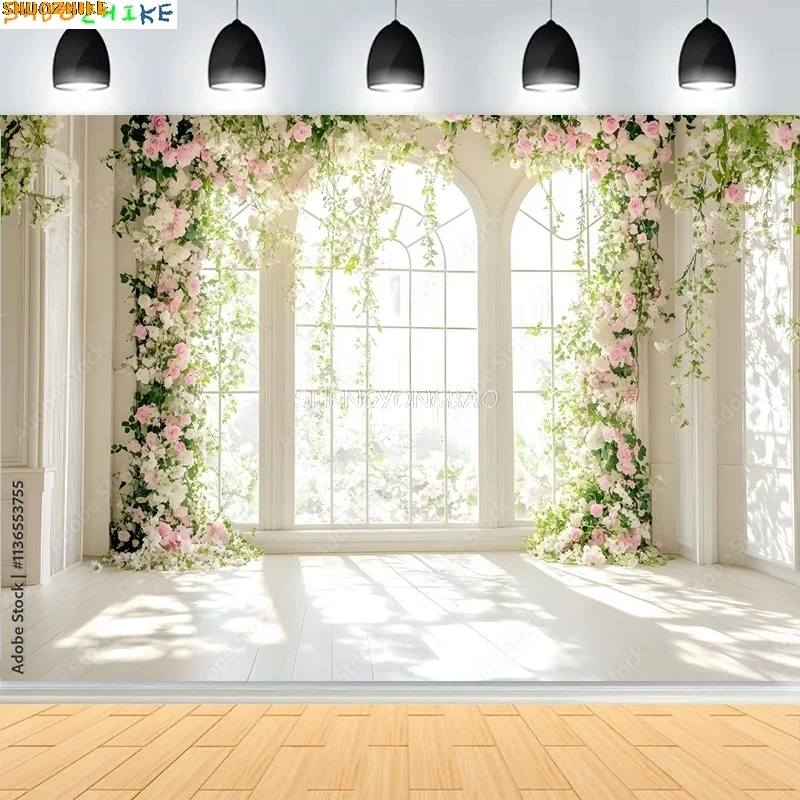 

Wedding With Grand White Floral Archway Photography Backdrops Church Luxurious White Room Window Photo Background HL-06