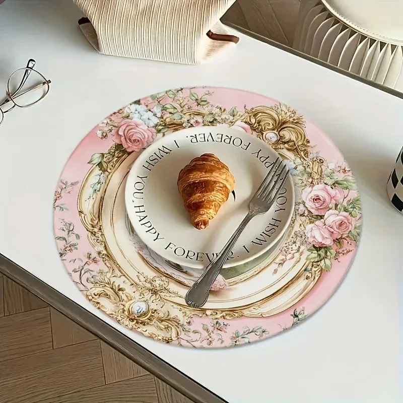 VIKAMA Shabby Chic Pink Rose Round Placemat Baroque Gold Frame Pastoral Table Mat for Dining Table Decor French Vintage Dinner