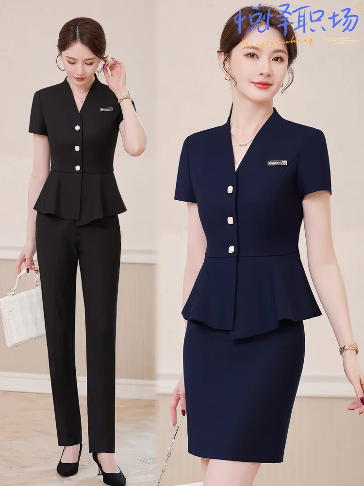 

Professional summer short-sleeve formal two-piece suit for educational institutions, front desk workwear for women, slimming wit