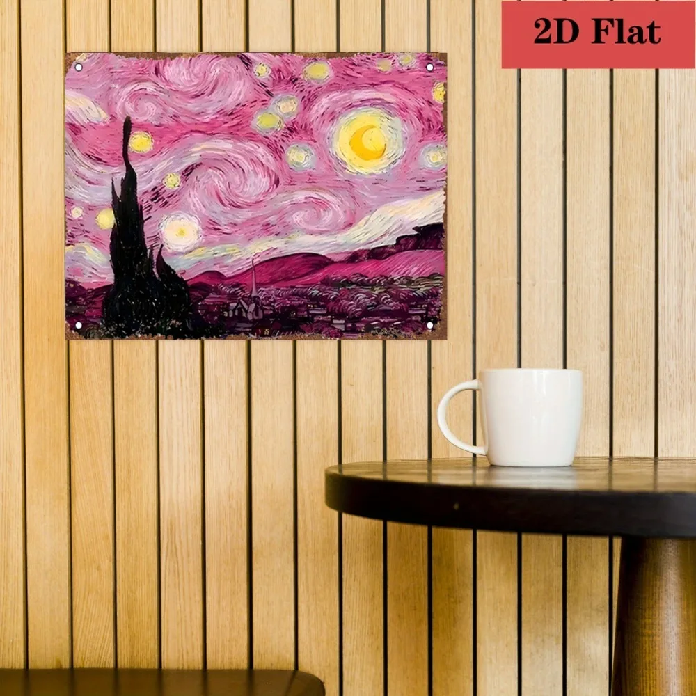 Customizable Vintage Iron Painting Sign Van Gogh Starry Night Pink Sky Pre-Drilled Easy Hang Art Lover Home Decor Gift