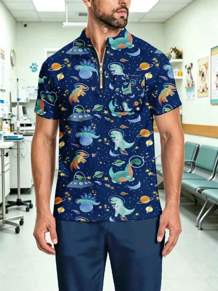 Men's Zipper Collar Scrub Top Cute Space Dinosaur UFO Print Short Sleeve Medical Uniform T-Shirt for Vet Clinic Hospital Work