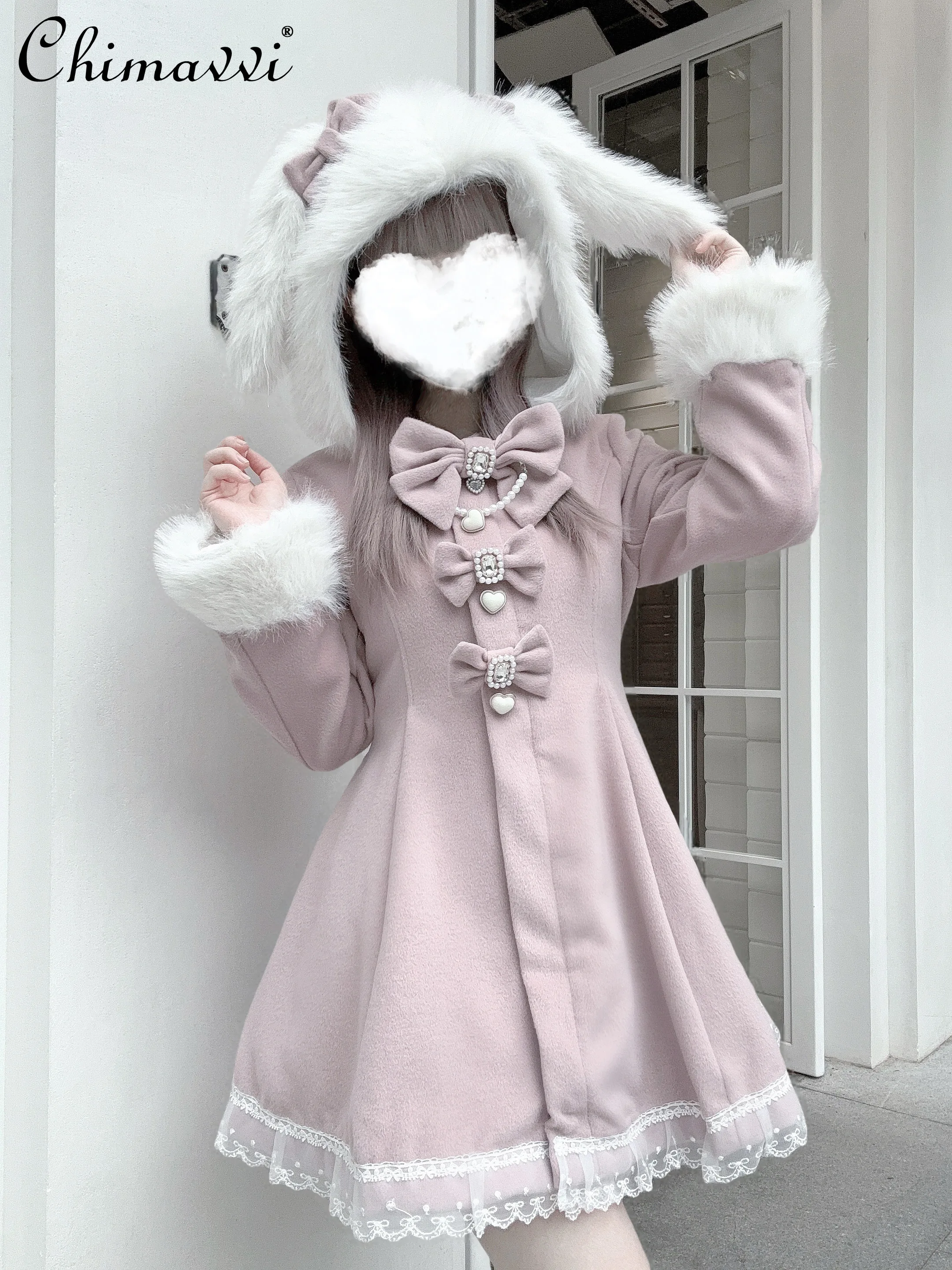 

Japanese Sweet Girl Detachable Hat Double Layer Thickened Wool Blend Woolen Coat Mine Series Long Sleeve Cute Bow Warm Long Coat