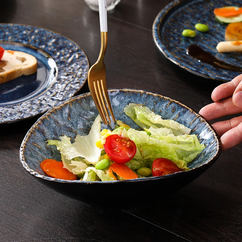 LingAo--Ceramic glaze variation salad bowl, round flat plate, steak plate, straw hat bowl and plate set