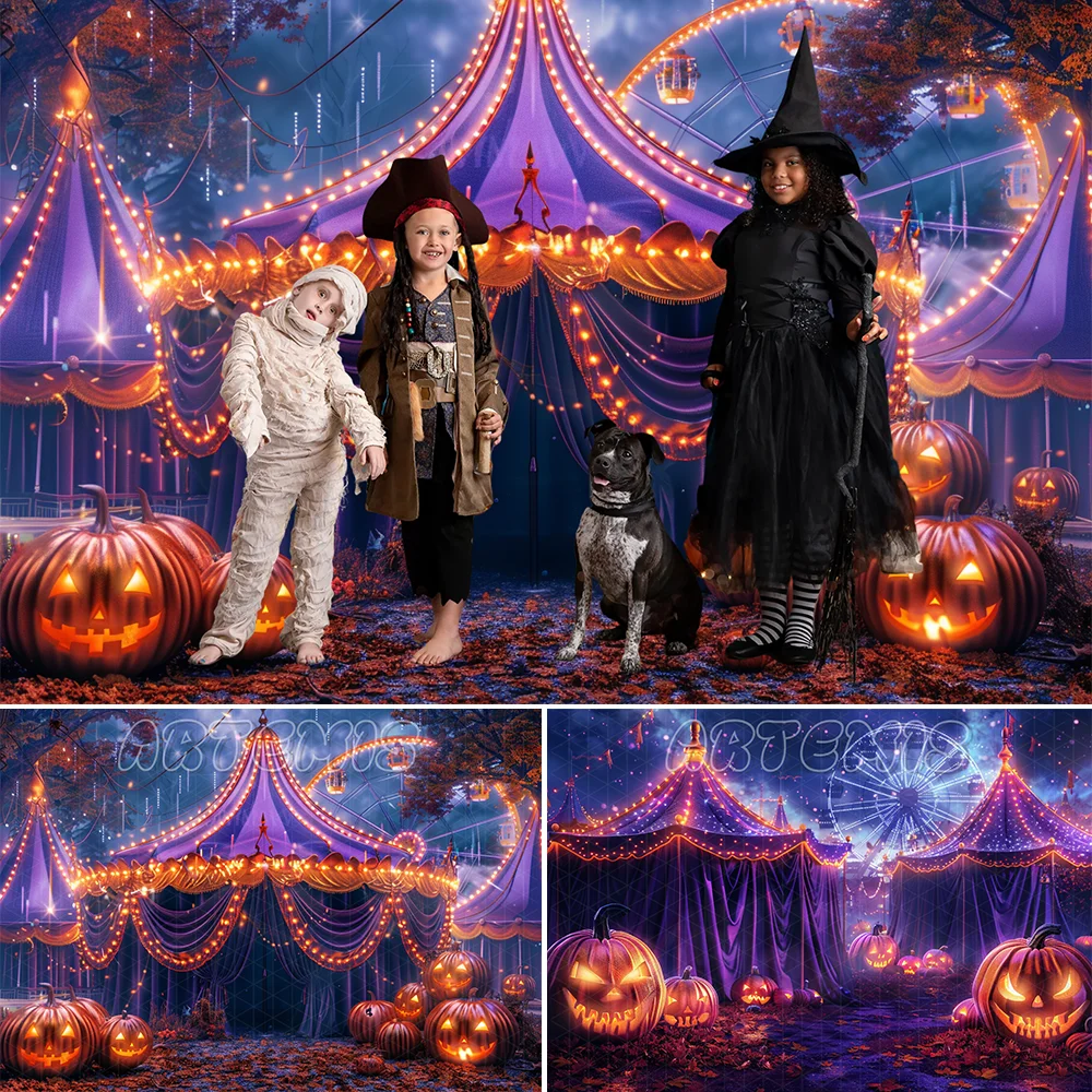 

Halloween Backdrop Circus Tent Purple Orange Striped Tent Decor Pumpkins Ferris Wheel Carnival Background Photo Studio Photocall