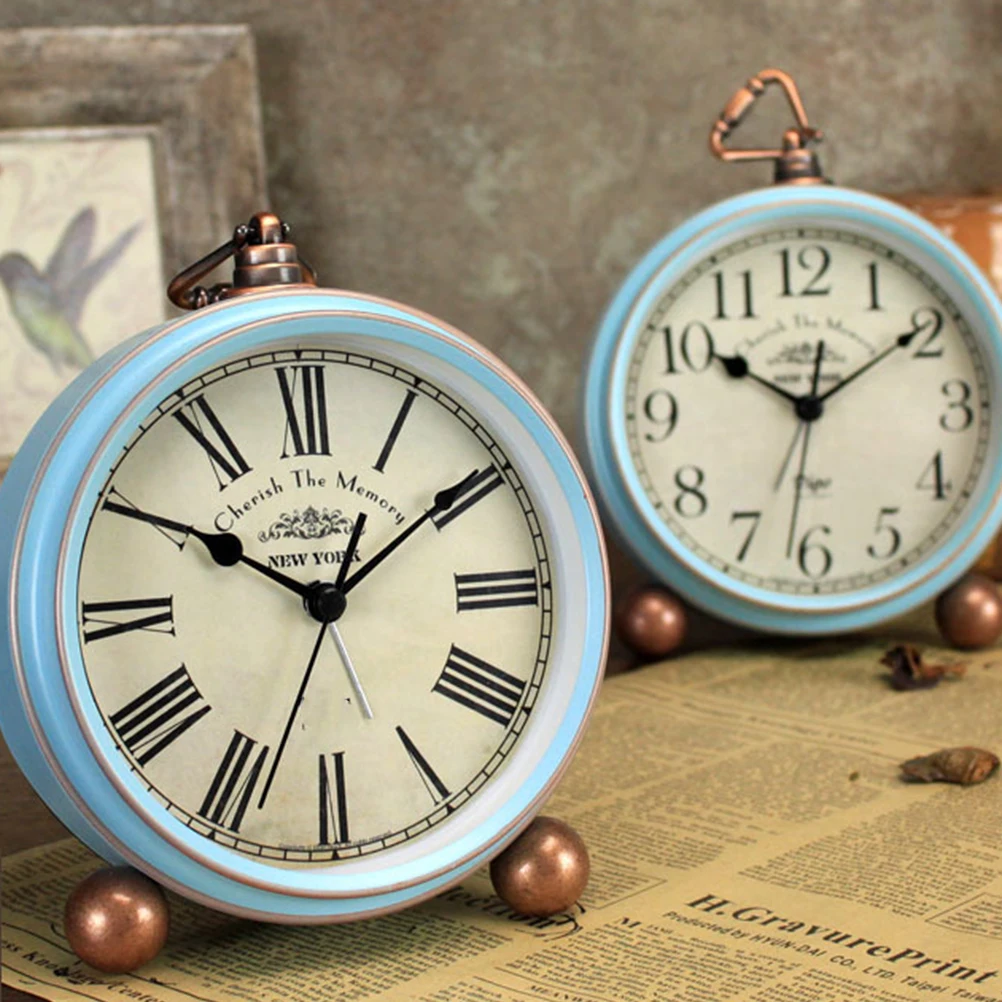 

1pc Retro Vintage Metal Table For Home Decoration Gift Without Creative Desk Clock Table Clock Blue Roman