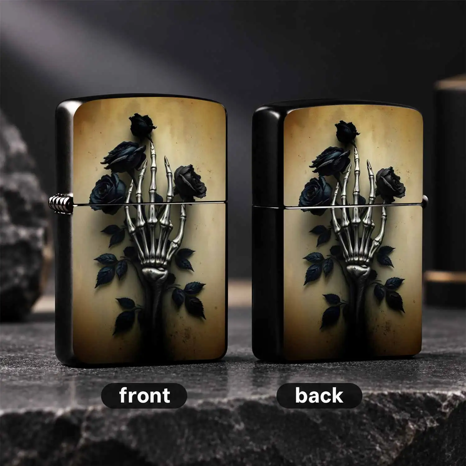 Gothic Dark Aesthetic Skeleton Hand Black Rose Pattern Portable Lighter, Vintage Artistic Stylish Daily Use Accessory, Unique Moody Decorative Practical Item For Gifting And Personal Collection, Fits All Scenarios With Distinct Retro Dark V