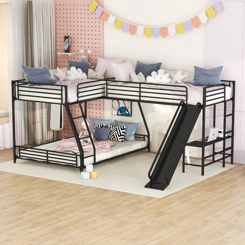 

Triple Bunk Beds with Slide, L-shape Twin Over Ful Bunk Bed Attached a Loft Bed with Desk, Metal Corner Bunk Bed Frame f