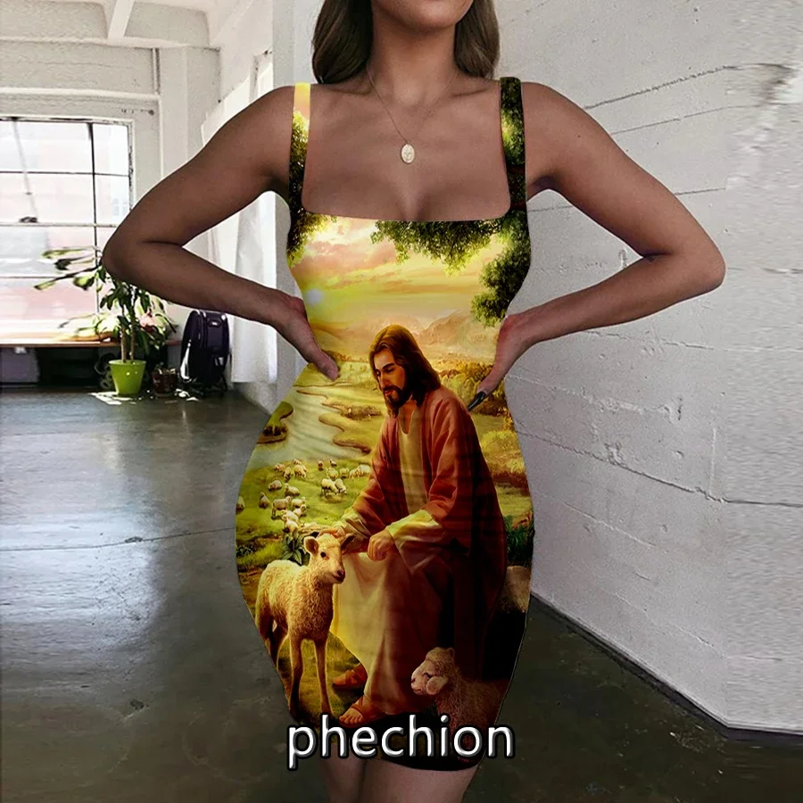 

phechion Jesus Christ 3D Print Dress Women Halter Sleeveless Fashion Ladies Dresses Novel Sexy Womens Clothing G42