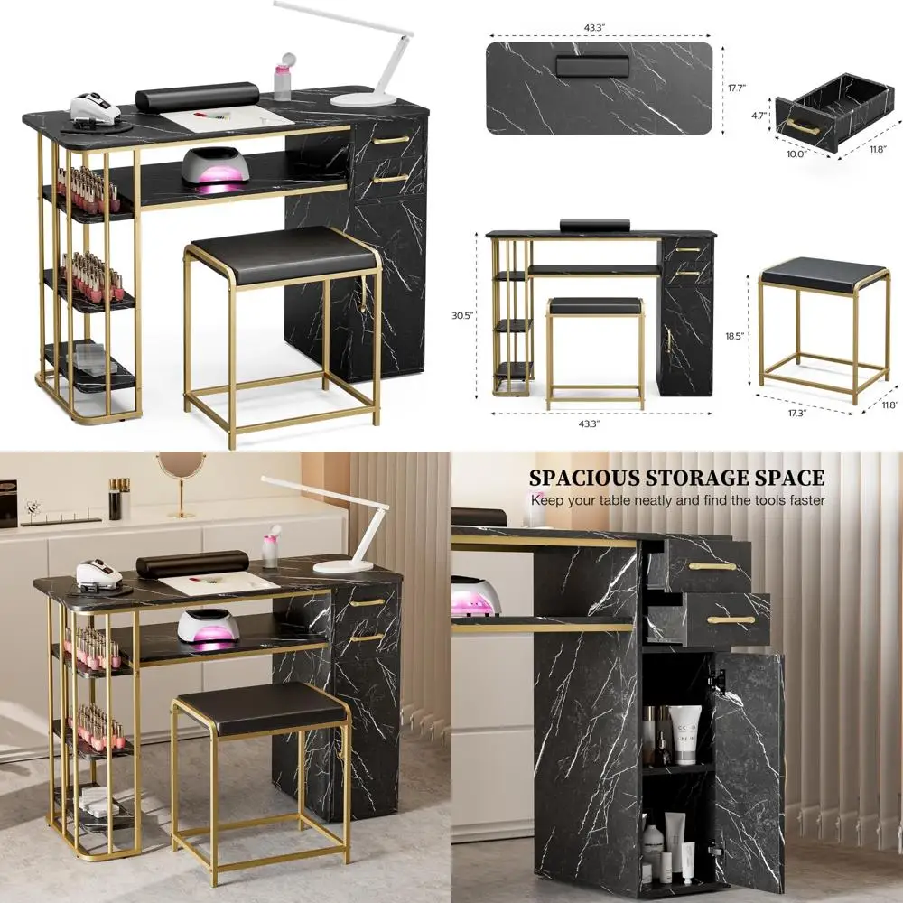 Marbled Finish Manicure Table Set with Stool, 3-Tier Shelves, 2 Drawers, and 1 Cabinet