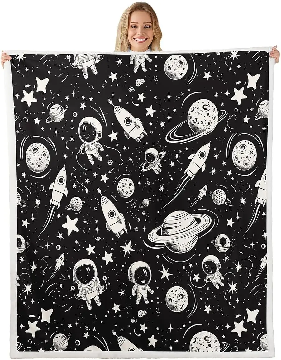 Manta de cohete estilo boceto universo manta para niños dibujos animados astronauta Sherpa manta cálida ligera estampado de estrellas blancas