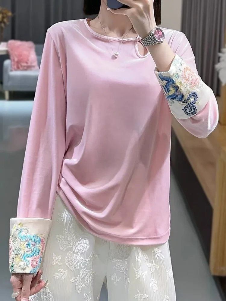 New Chinese Style Improved Gold Velvet Long Sleeve T-Shirt Women's Tang Suit Embroidery Elastic Base Shirt Winter Collection