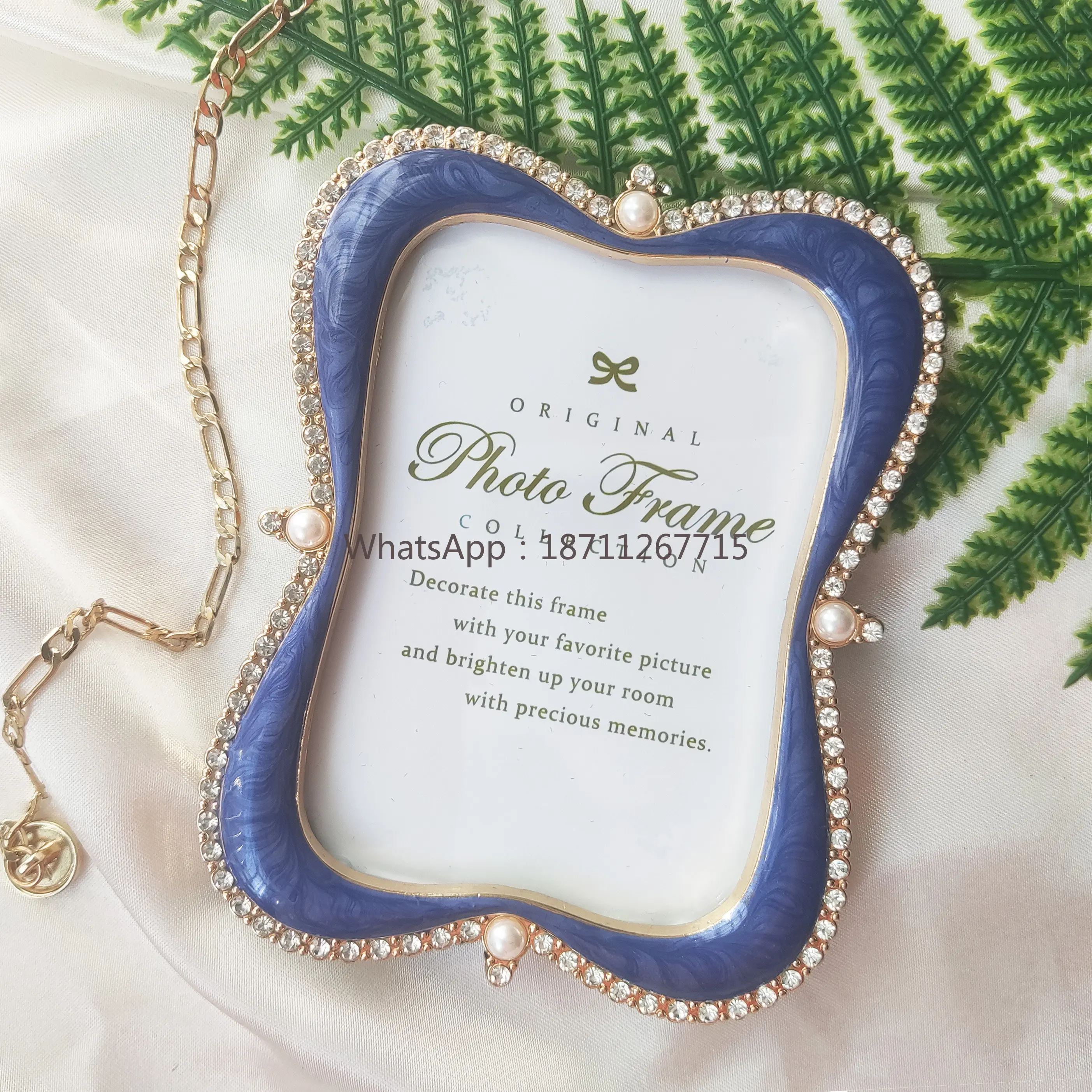 3.5inch 5inch pearl rhinestone blue metal photo frame table light luxury exquisite gift