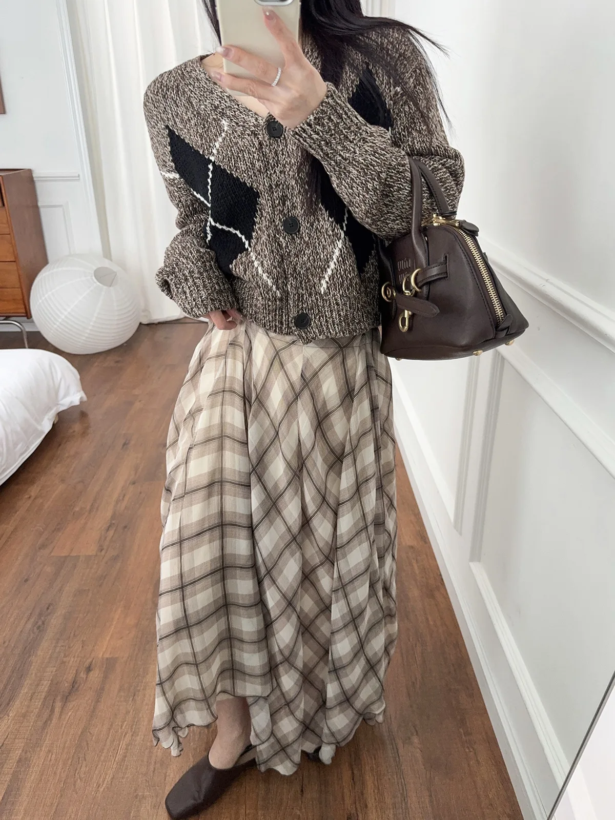 

Французская повседневная струящаяся юбка-миди для женщин, коричневые клетчатые юбки трапециевидной формы средней длины из змеиной кожи