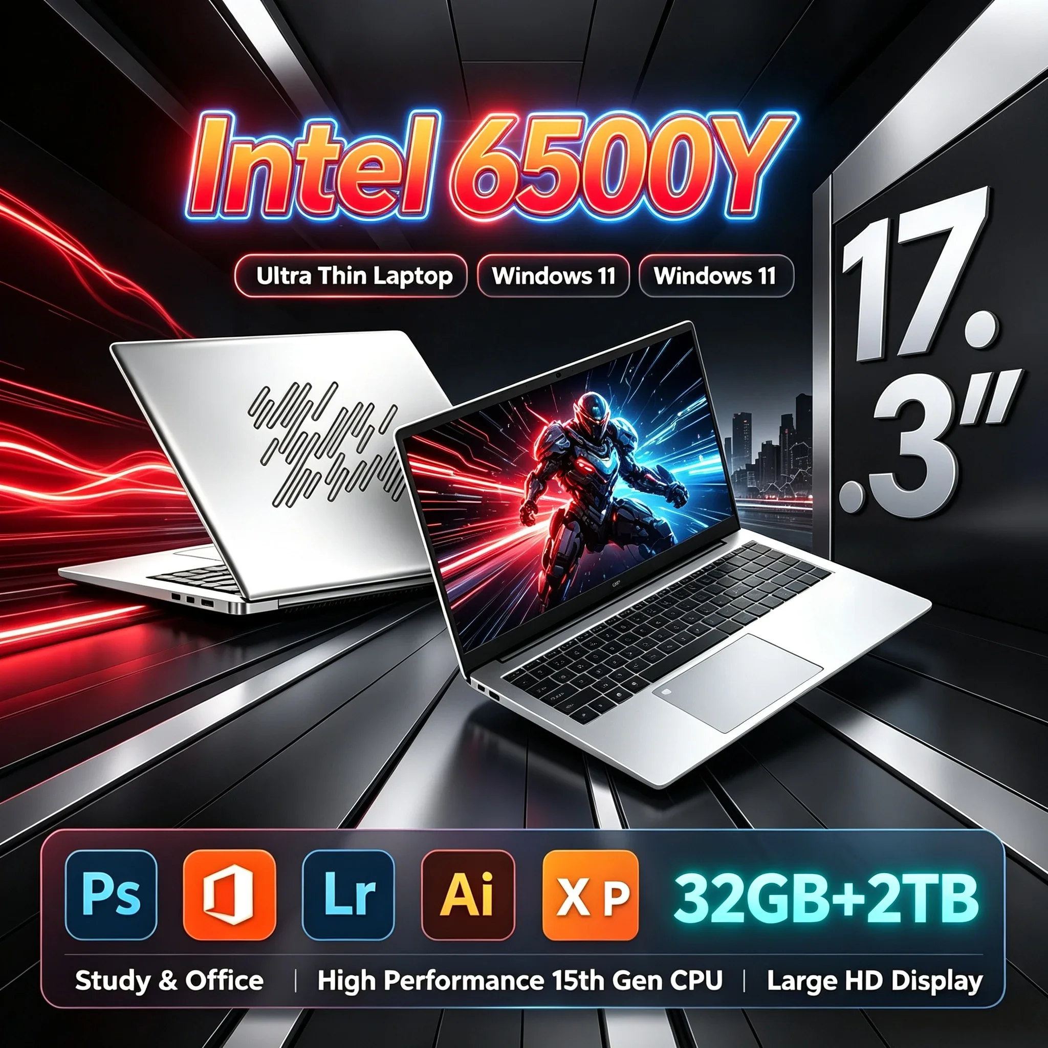 New 17.3'' Inch HD Portable Notebook PC Intel Core 6500Y 32GB RAM 2TB SSD Win11 WiFi6 BT5.2 Large Screen Laptop Home Work Office