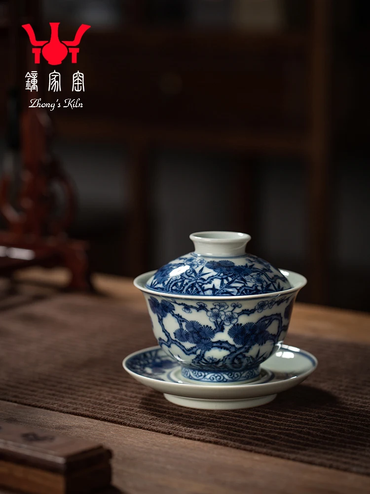 

Zhongjia Single Jingdezhen Pure Handmade Chai Kiln Blue And White Lid Large Songzhumei Tea Making Bowl Sancai