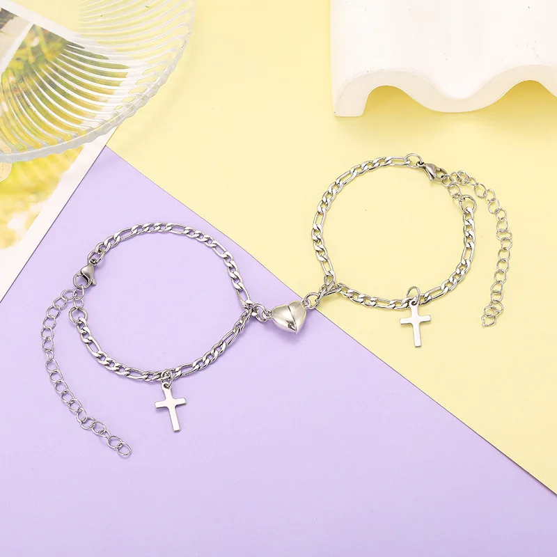 2Pcs/Pair Cuba Chain Cross Heart Magnet Attract Bracelets for Couples Fashion Men's Women's Metal Charm Bracelet Jewelry gifts