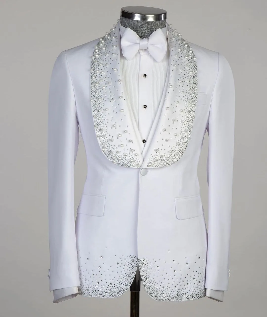 White Men's Suits Tailored 2 Pieces Blazer Vest One Button Wide Lapel Beads Pearls Diamonds Wedding Formal Custom Made Plus Size