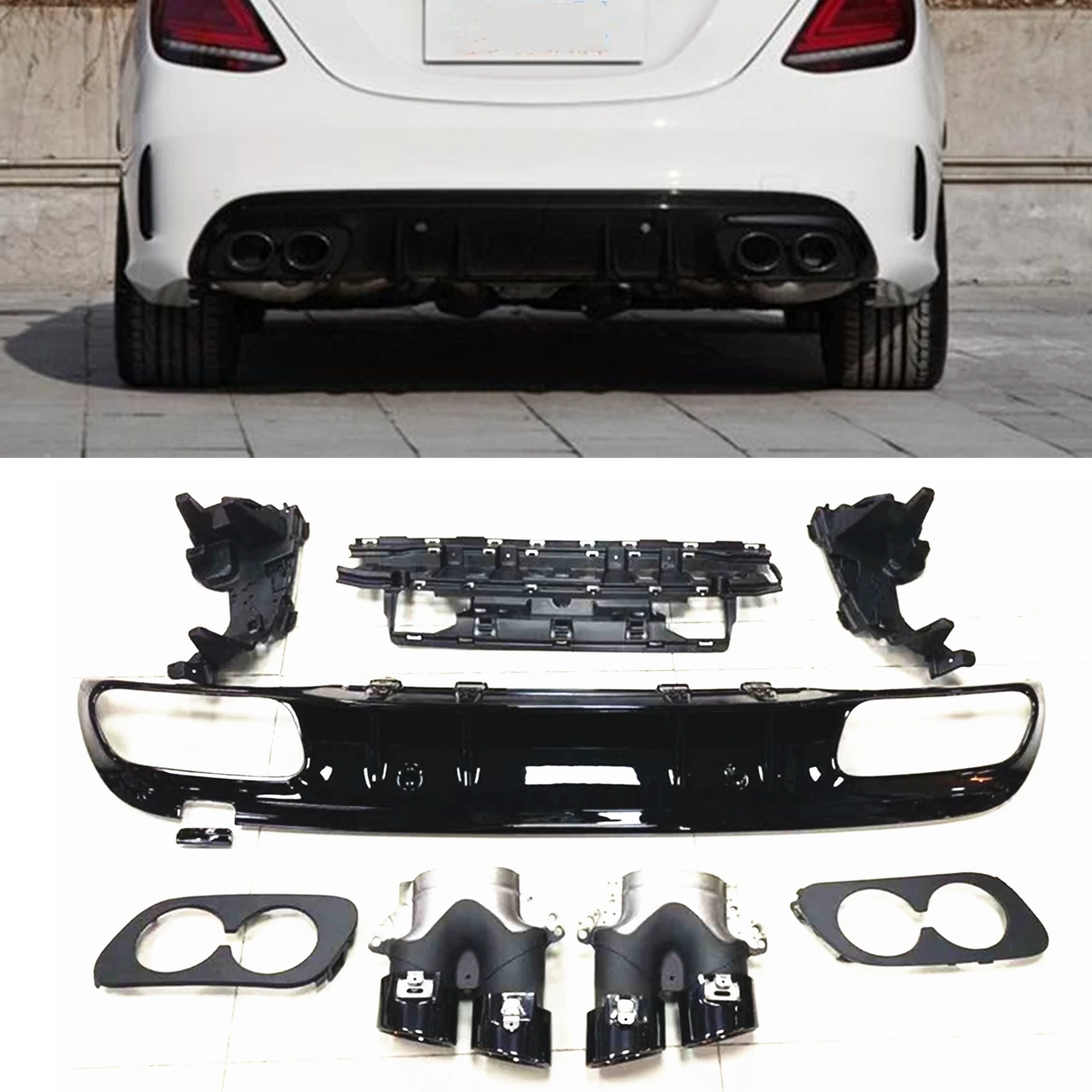 Car Rear Bumper Diffuser Lip Splitter & Exhaust Muffler Pipe For Mercedes Benz C Class W205 AMG Sedan 2015-2020 C43 Style