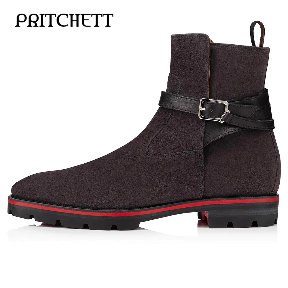 Black Suede High Heels Ankle Boots Belt Buckle Ankle Boots Pull-On Style Personality Casual Fashion Large Size Men's Boots