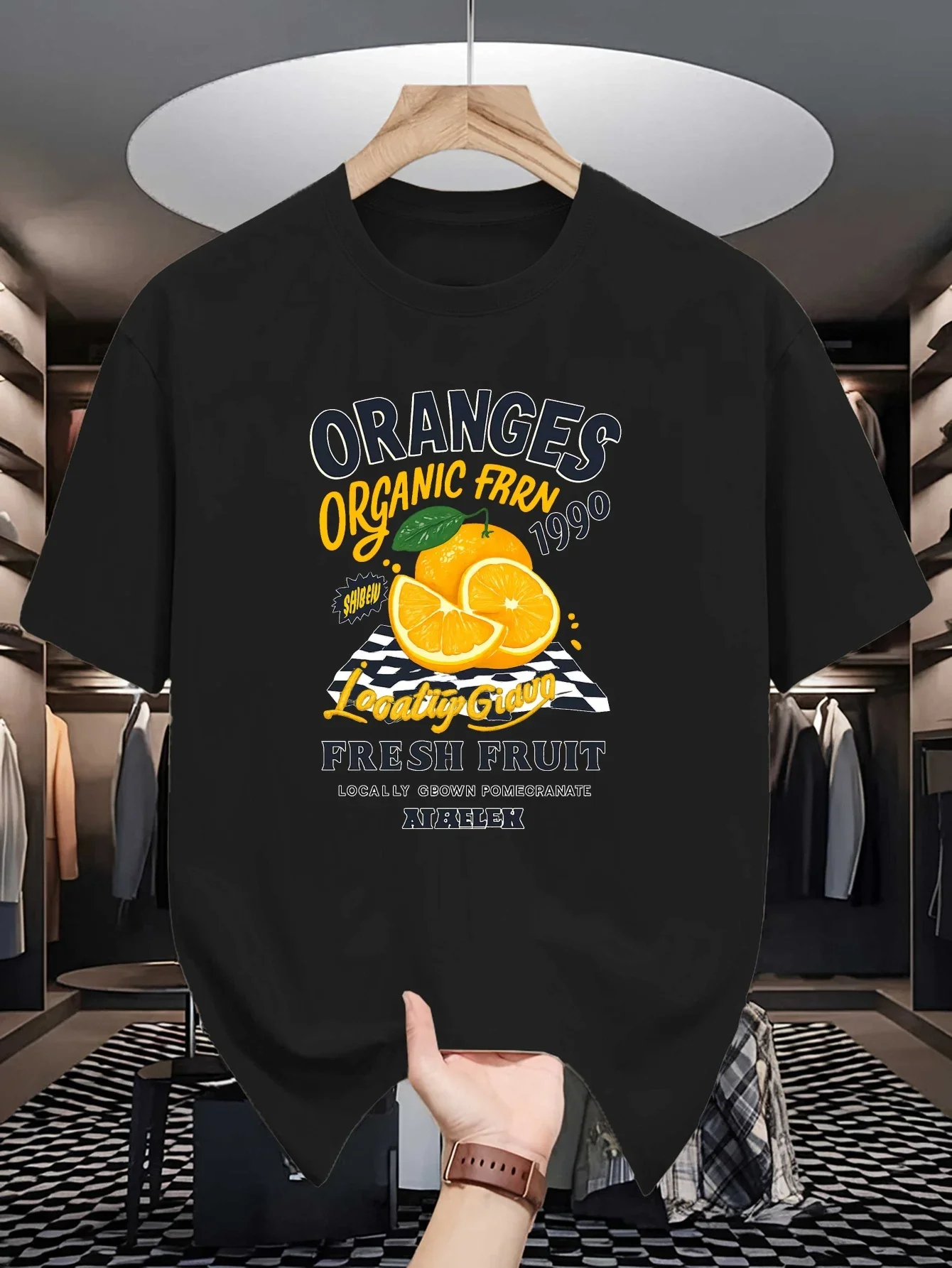 Organic Fresh Orange Print Men Crew Neck T Shirt Retro Fruit Vintage Letter Graphic Short Sleeve Casual Cotton Trendy Street Tee
