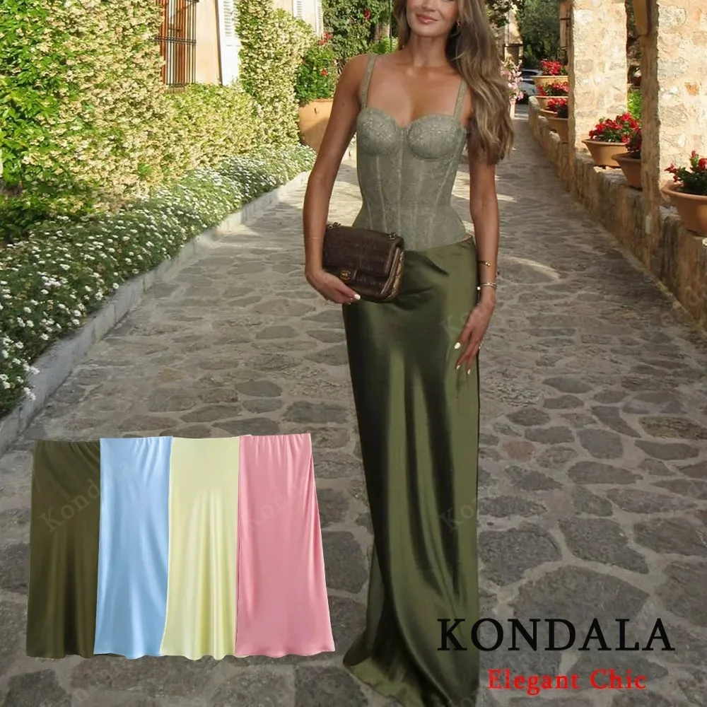 KONDALA Vintage Chic Green Yellow Satin Skirts Elastic Waist Straight Long Skirts Fashion 2025 Summer Beach Holiday Mujer Skirts