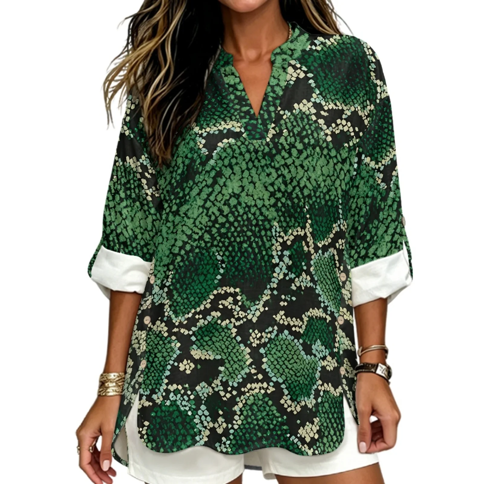 PENSTROLL Snake Skin Linen Like V Neck Shirts for Fall Rolled Cuffed Women's Long Sleeve Shirts Beach Tops