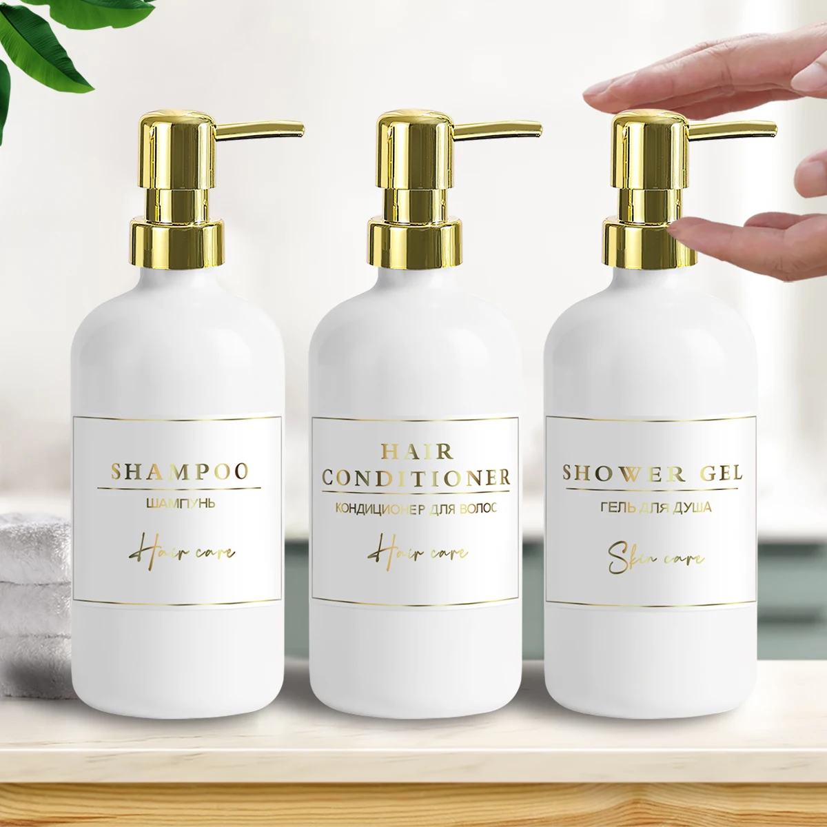 Amber Soap Dispenser Set, Shower Shampoo Conditioner and Shower gel Bottle Set with Waterproof Labels for Bathroom Decor view 2