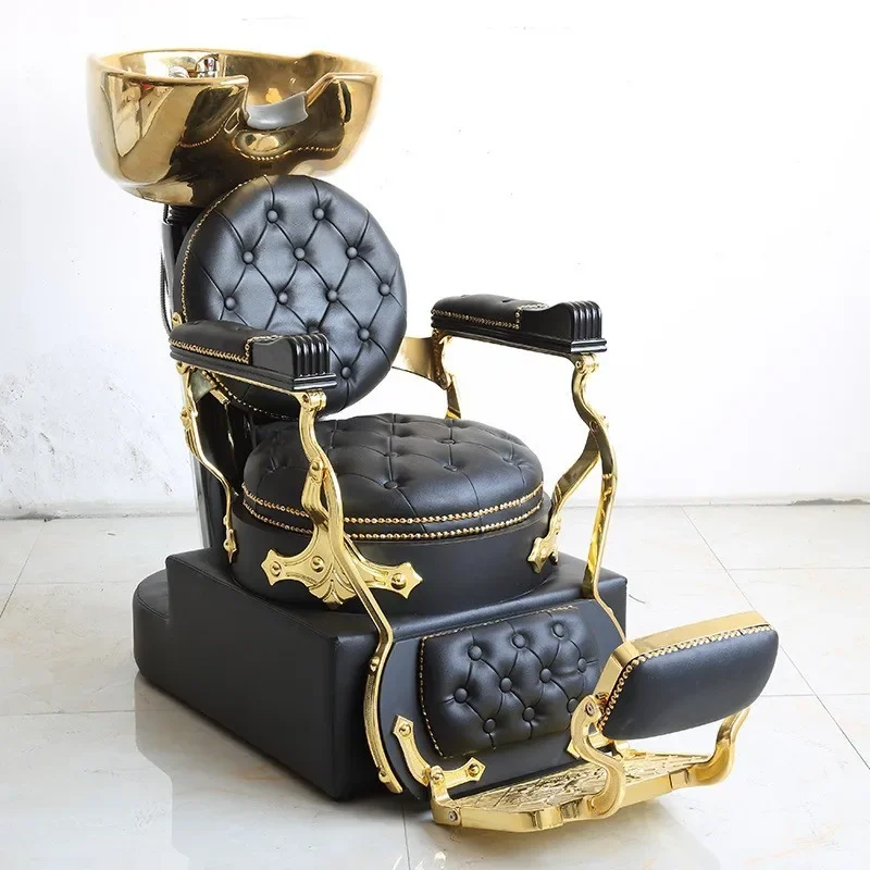 Manufacturer Foreign Trade Hair Salon Retro Gold Massage Shampoo Bed Barber Shop Shampoo Reclining Chair Hairdressing Flush Bed