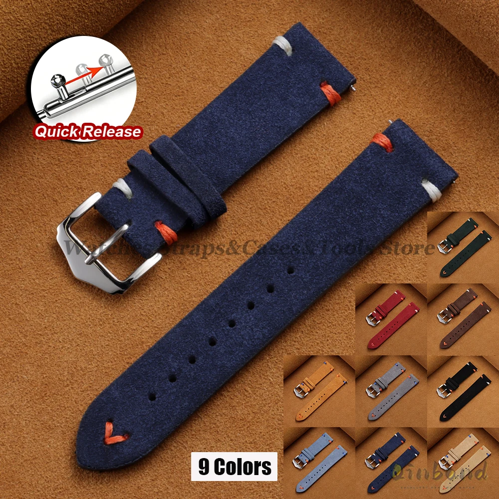 Soft Suede Leather Watch Strap 18mm 20mm 22mm for Omega for Seiko Watch Band Handmade Stitching Wristband Quick Release Bracelet